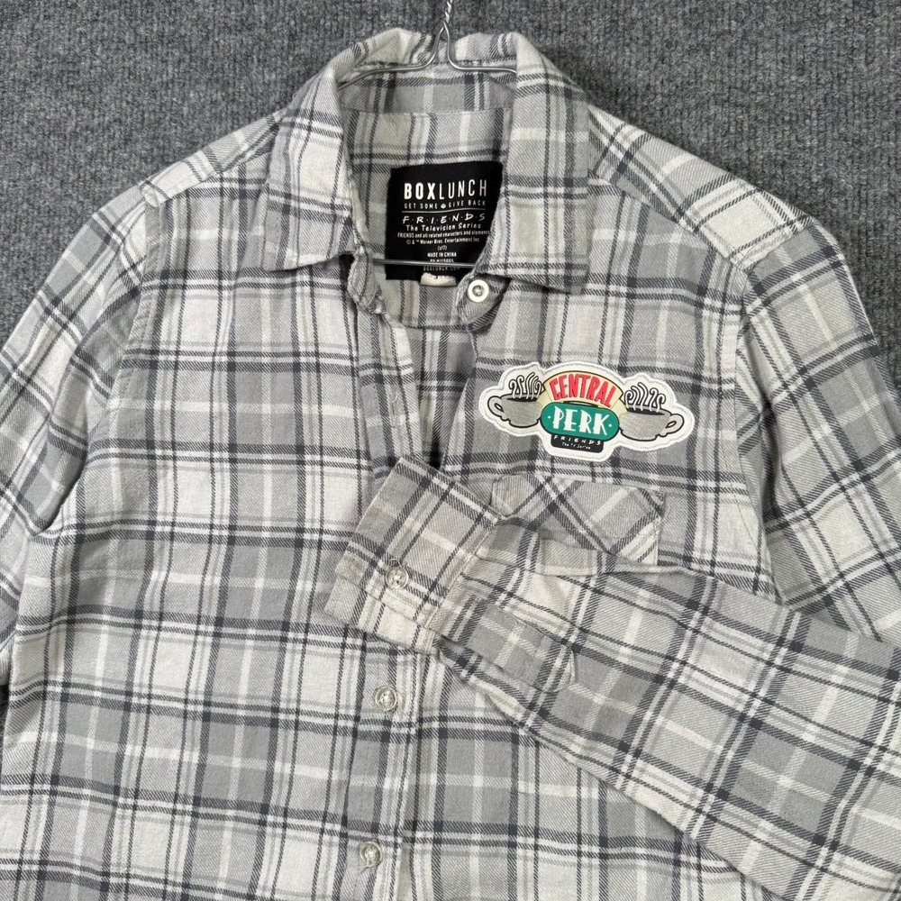 Friends Flannel Shirt Womens XS Grey Central Perk Plaid Button Down BoxLunch